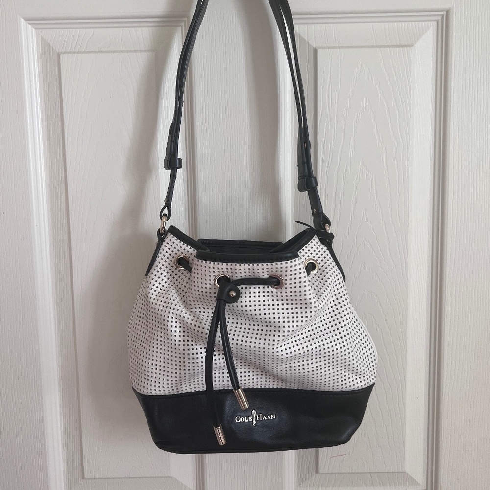 Cole Haan White Black Leather Perforated Bucket Bag